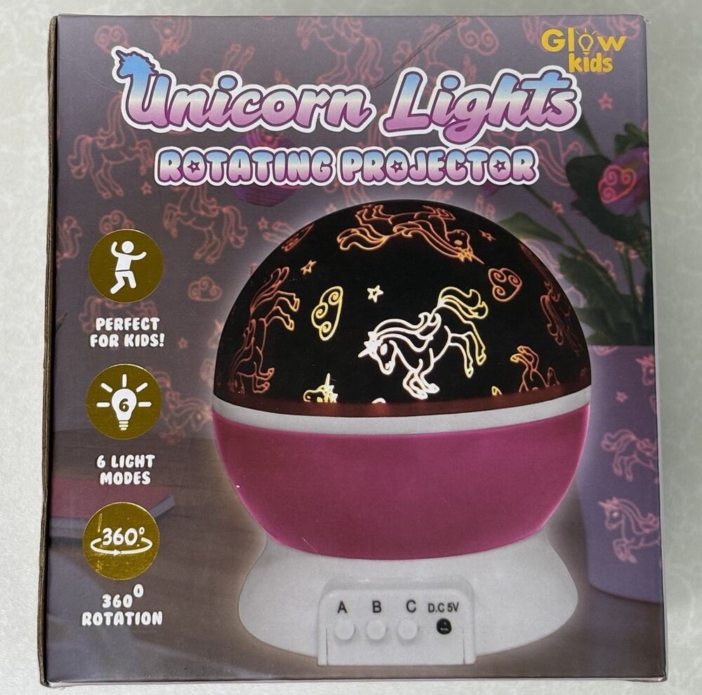 Glow Kids Unicorn Lights Rotating Projector Lamp Night Light 6 Modes USB Pink